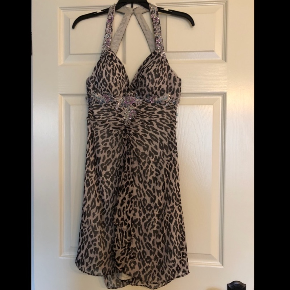 Leopard print short formal dress w/ beaded detail